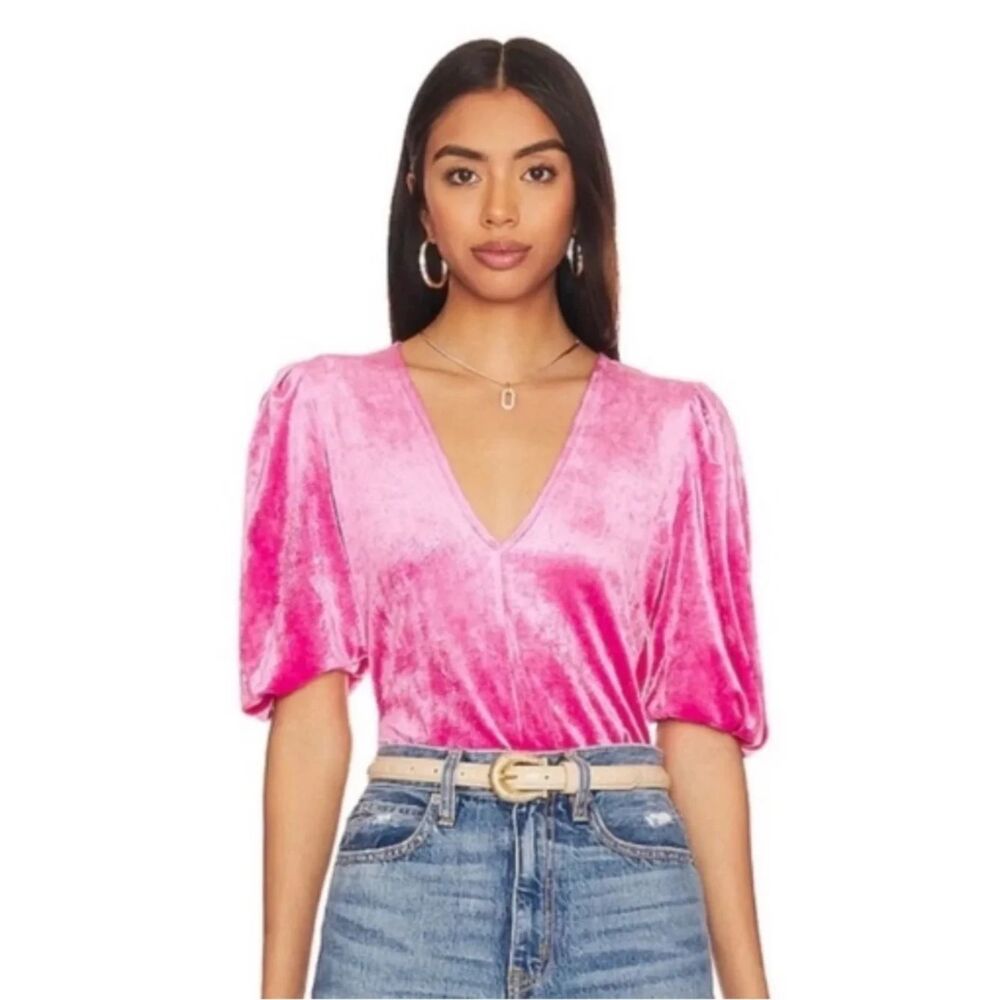 Free People Don’t You Wish Bodysuit in Pink Crushed Velvet